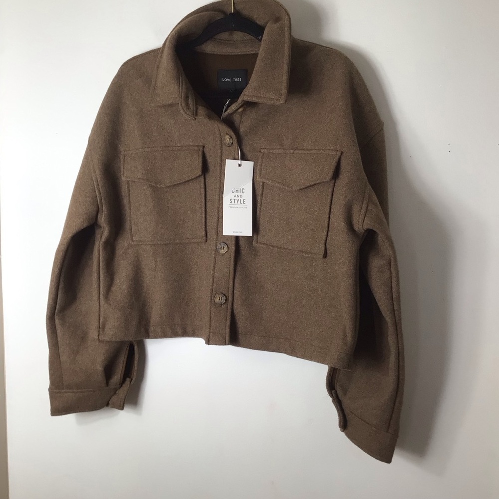 NWT Love Tree Cropped Utility Jacket in Tan women large fall gift staple